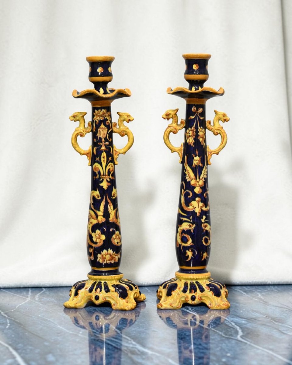 Coppia Di Candelieri In Ceramica Policroma - Italia Inizio XX Secolo
